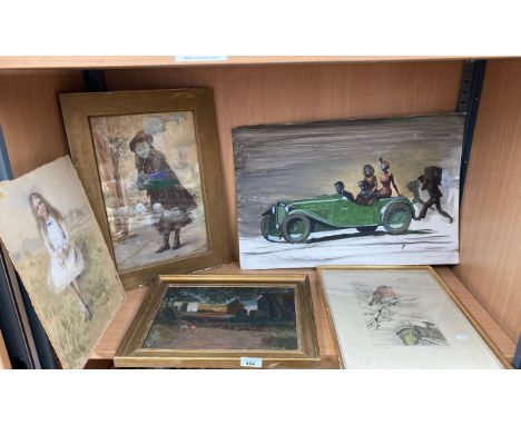 A Shelf of mixed art works to include oil painting of young girl one signed, vintage car painting and oil painting of farm ya