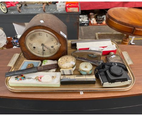 A Tray of collectables includes mantle clock, plated flask, vintage alarm clocks includes smith 