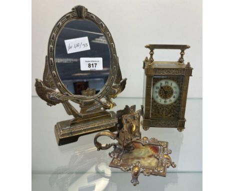 Antique ornate brass and bevel glass carriage clock- fitted with enamel face and brass dial. In a working condition- Single b