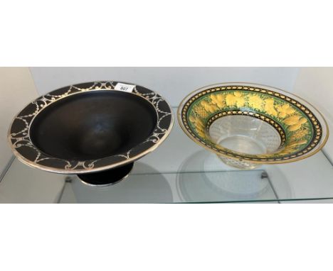 Art Deco Black glass and silver overlay centre piece bowl and antique gilt and green glass bowl. 