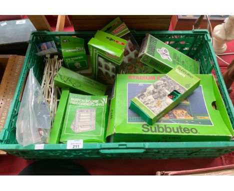 A Box of Subbuteo items includes Stadium stand, football teams and accessories 