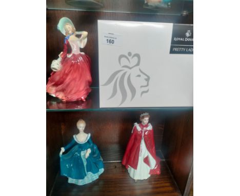 Two Royal Doulton figures ' Autumn Breeze HN1934'   ' Janine HN2461'  and  a Royal Worcester figure  ' In Celebration of the 