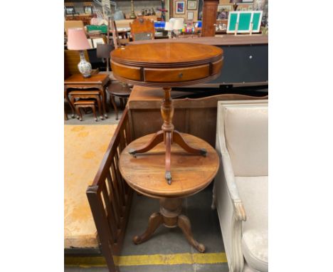 Vintage heavy pine tri legged table along with drum top table 