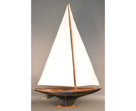 Vintage Pond Yacht Model with Sails Vintage pond yacht with varnished deck, painted  hull and stitched cotton sails. Fitted t