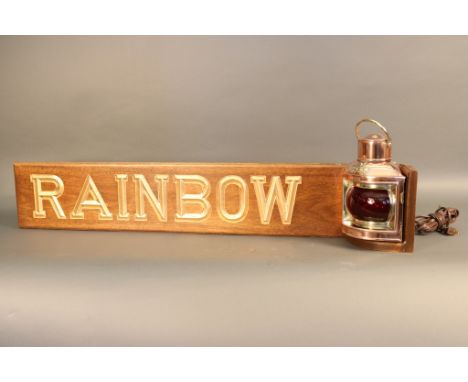 Ship's Quarterboard with Copper Ship Lantern Solid copper ship's starboard lantern with a rich  blue lens mounted to a deeply