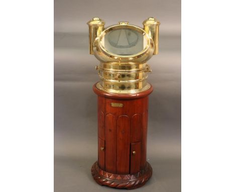 Brass Yacht Binnacle Brass yacht binnacle on varnished mahogany base.  Rare mushroom top yacht binnacle from Negus of New  Yo