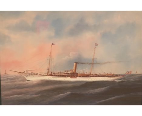 Framed Print of an American Steam Yacht Colorful framed print open American steam yacht  crusing through calm seas with a ros