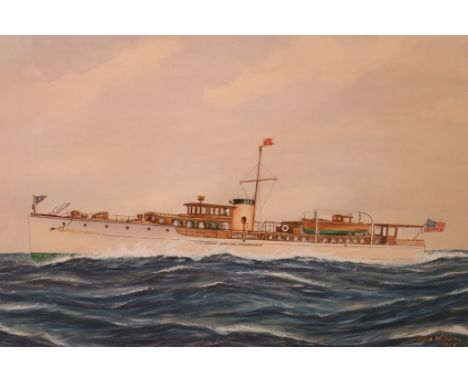 Original Gouache of NY Yacht Club by CJA Wilson Early 20th century gouache by artist CJA Wilson of  a  roughly 85 foot pleasu