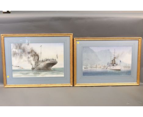 SS Olympia and Kaiser Wilhelm Der Grosse Pair of framed watercolors by Ian Marshall of the  SS Olympia in Hong Kong and Kaise