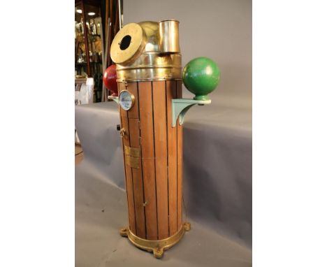 Brass and Mahogany Ship's Binnacle Ship's binnacle with varnished base, brass hood  and compass ring, iron compensating balls
