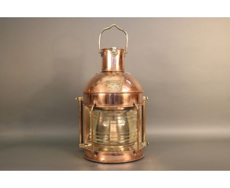 Massive Copper and Brass Masthead Lantern Very large, 29 inch tall with handle ship's  masthead lantern with glass fresnel le