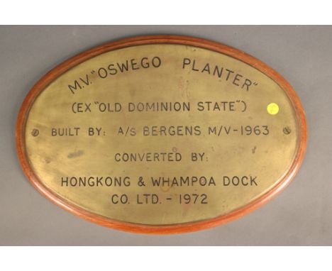 Ship Builder's Plate Oswego Planter Heavy cast brass ship builder's plate for the MV  Oswego Planter, ex Old Dominion State. 