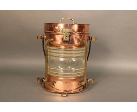 Tung Woo Copper Ships Anchor Lantern Solid copper and brass ships anchor lantern with  hinged top, fresnel glass lens, protec