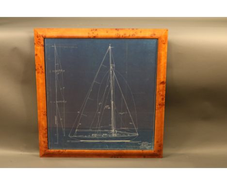 Original Blueprint of a John Alden Yacht Original blueprint fitted to a burlwood frame from  the workshop of John G Alden of 