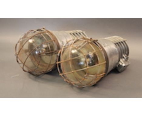 Pair of Large Industrial Ship's Cargo Lights Pair of large hanging ship's cargo lights.  Industrial lighting fixtures with ha