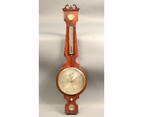Flame mahogany banjo barometer 19th century banjo barometer with book matched  flame mahogany veneer. With arched pediment to
