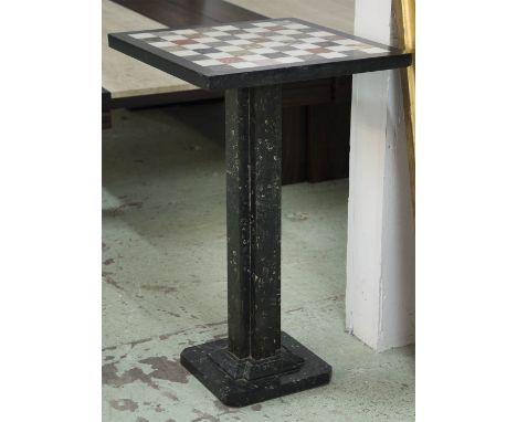 PILLAR TABLE, Art Deco fossil marble square specimen inset chess top and stepped column, 44cm x 44cm x 72cm H.