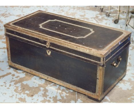 TRUNK, 19th century black leather brass bound camphorwood with hinged top and side handles, 41cm H x 92cm W x 46cm D.