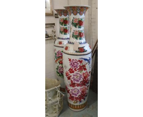 TALL VASES, a pair, Oriental ceramic decorated prunus blossoms and exotic birds, 164cm H. (2)