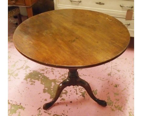 TRIPOD TABLE, George III mahogany with circular tilt top on turned column and cabriole supports, 86cm W x 72cm H. (with fault