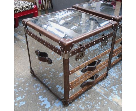 RALPH LAUREN STYLE TRUNK, polished metal with wooden batons and leather trim, 60cm W x 58cm D x 63cm H. (slight surface scrat