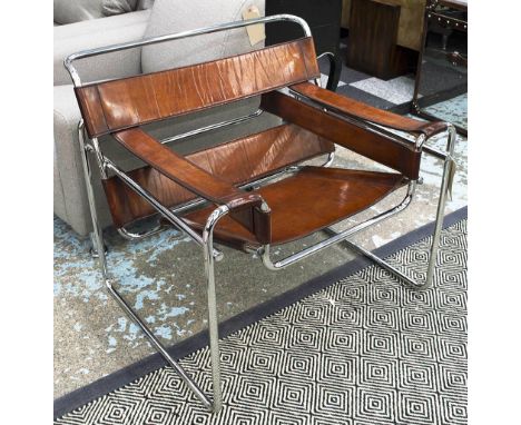 WASSILY ARMCHAIRS, a pair, Vintage stitched coach hide and tubular framed. (2)