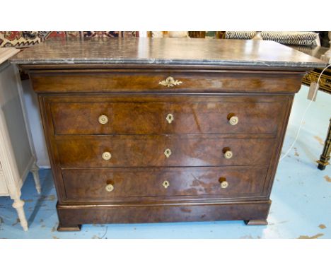 COMMODE, 19th century French Louis Philippe figured walnut, with four long drawers and St. Annes variegated grey marble top, 