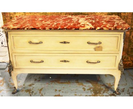 COMMODE, early 20th century French Régence style traditionally grey painted and silvered metal mounts with two long drawers a