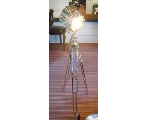 STUDIO LAMP, in chromed metal, adjustable on a metal tripod base, 170cm H.
