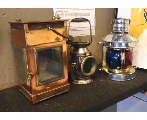 LANTERNS, collection of two Railway Master Lanterns, and one Ships lantern, tallest 32cm H. (3) (slight faults)