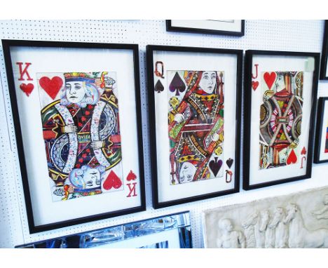 DECOMPAGE OF A SET OF THREE PLAYING CARDS, framed and glazed, 90cm x 60cm. (3)
