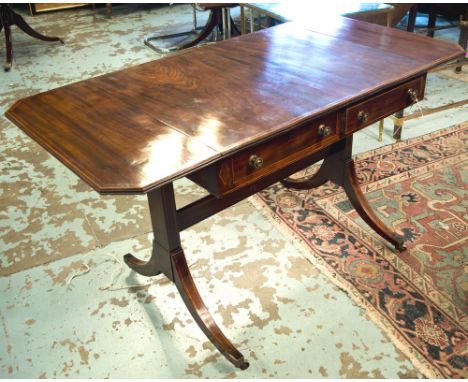 SOFA TABLE, George III mahogany, boxwood line inlaid and lacewood inset twin flap top above two frieze drawers, stretchered o