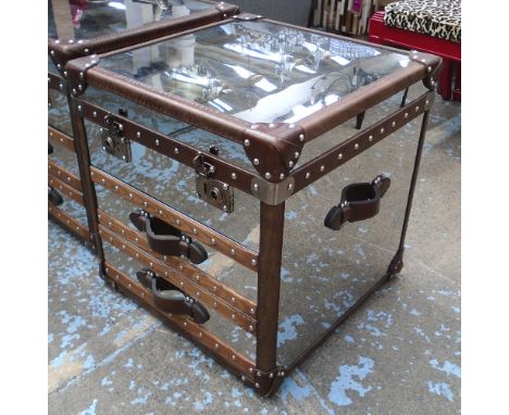 RALPH LAUREN STYLE TRUNK, polished metal with wooden batons and leather trim, 60cm W x 58cm D x 63cm H. (slight surface scrat