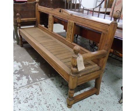 BENCH, Victorian pine with panelled seat and scrolled carved back, 204cm W.