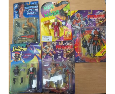 Vintage Toys: Kenner assortment of 1990s carded action figures, including Terminator 2, The Shadow, Predator, and The Mask; s