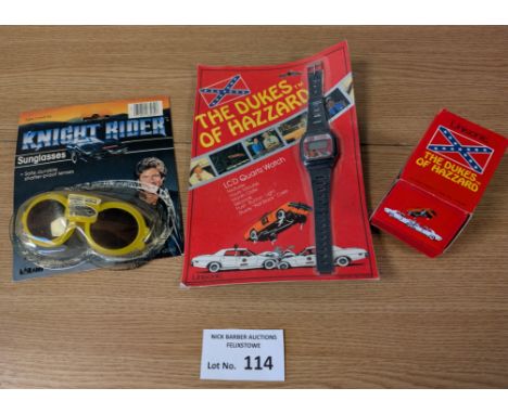 Vintage Toys: The Dukes of Hazzard pair of LCD Quartz watches; plus Knight Rider Sunglasses (detached from card back); (3).