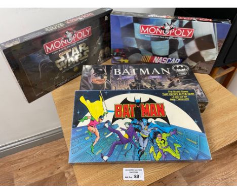 Vintage Games: Assortment of mostly sealed board games, including Star Wars and Nascar Monopoly, Batman 3-D Board Game, and B