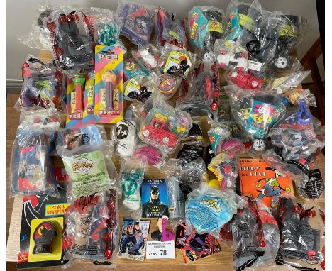Vintage Toys: Box of assorted free gifts and others, including Wendy's Felix the Cat, Burger King Batman, PEZ, and others.