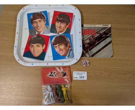 Vintage Toys: The Beatles Beatlemania plastic figures (sealed), plus The Beatles tray, single, and badge.