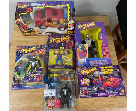 Vintage Toys: Spiderman assortment of ToyBiz vintage toys, including 3x carded action figures and boxed vehicles; some damage