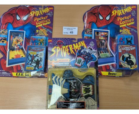 Vintage Toys: Marvel Spiderman trio of Toy Biz 1994/1995 action playsets, including 2x 'Pocket Comics' (Bridge and E.S.U. Lab