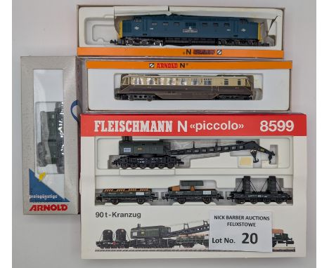 Trains: N Gauge assortment, including Fleischmann piccolo 8599 breakdown crane set, Bachmann and Lima trains locos within Arn