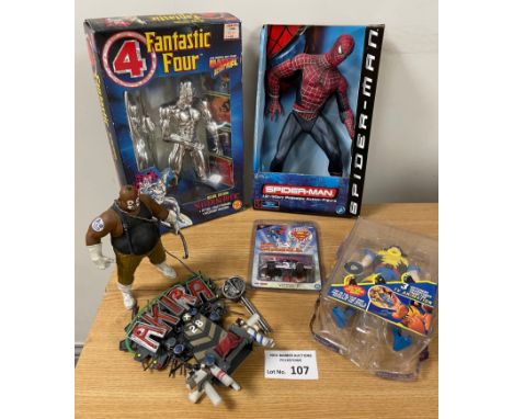 Vintage Toys: Marvel and DC figures and cars, including Fantastic Four Silver Surfer, Spiderman and Wolverine; plus Spawn Aki