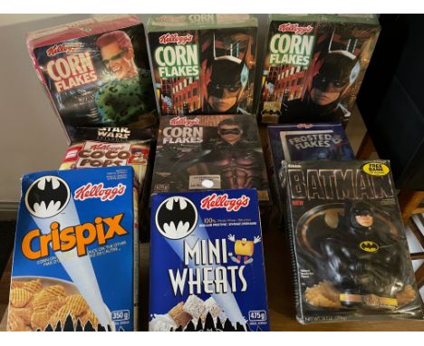 Vintage Toys: Assortment of unopened themed cereal boxes (Canadian), Star Wars/Batman, those with free gifts still enclosed.