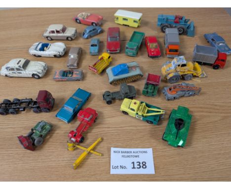 Diecast: Collection of vintage playworn diecast, including Spot-On, Lesney, Matchbox, Lone Star, etc.; varying conditions.