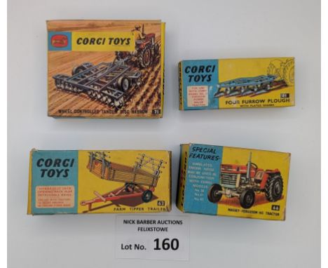 Diecast: Corgi Toys Farm Equipment, all boxed including 62 Farm Tipper, 66 Tractor, 71 Harrow, 61 Furrow; models and boxes in