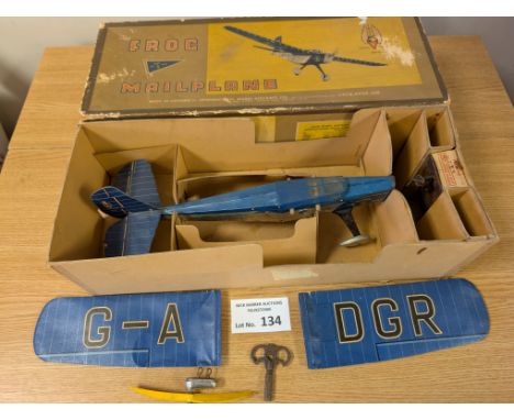 Diecast: Frog Mailplane original vintage thin metal/paper flying plane in box; rare; with key.