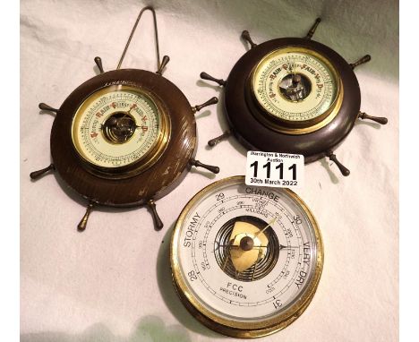 Three vintage barometers and a brass bulkhead example, largest D: 10 cm. Not available for in-house P&amp;P, contact Paul O'H