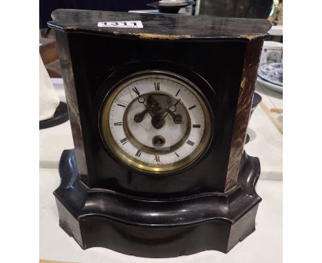 Victorian mantel clock in ebonised and marbled case with visible escarpment, for restoration, H: 26 cm. Not available for in-
