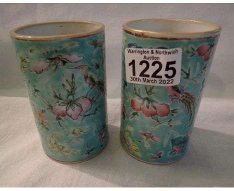 Pair of ceramic Chinese vases, each H: 12 cm, Condition report: no cracks, chips or visible restoration, slight gilt rubbing.
